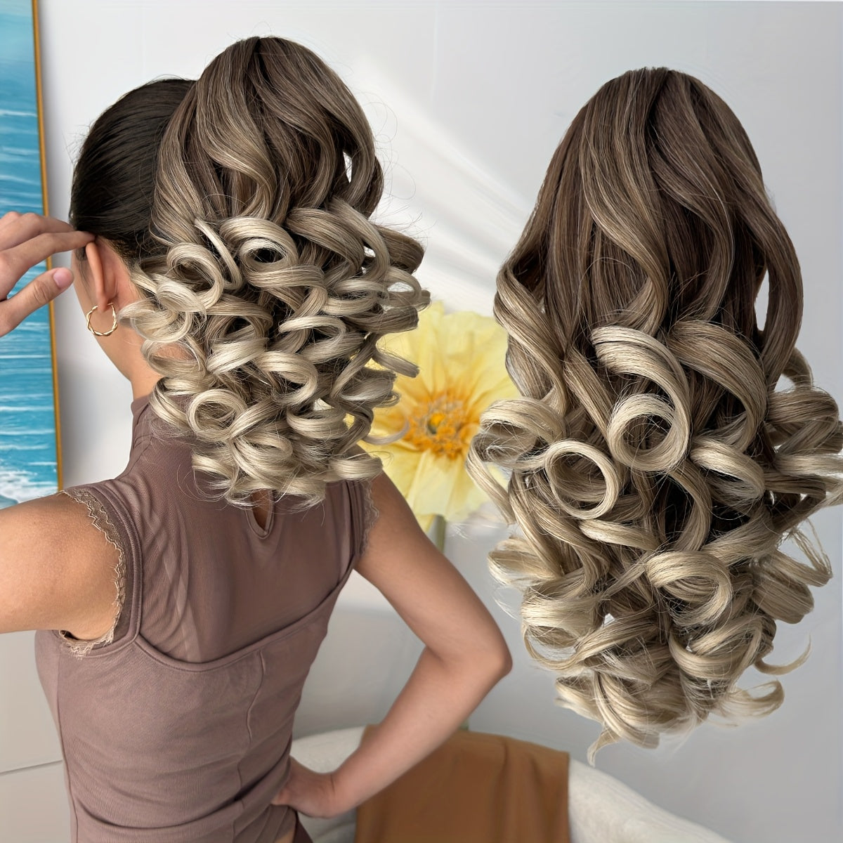 12-inch (30 cm) Ombre Brown to Blonde Deep Wave Short Ponytail Extension - Heat-Resistant Synthetic Claw Clip Hairpiece for Women & Girls
