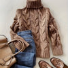 Women's High-Neck Cable Knit Sweater - Soft Blue Loose-Fit Long Sleeve Pullover for Fall & Winter