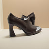 Women's Black Pointed Toe Chunky Block Heel Pumps with Metallic Toe Accent – Comfortable Rubber Sole Dress Shoes