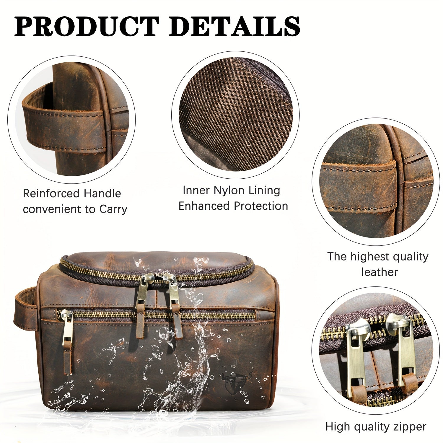 Top-Grain Cowhide Leather Men's Retro Dopp Kit Toiletry Bag – Zippered Multi-Compartment