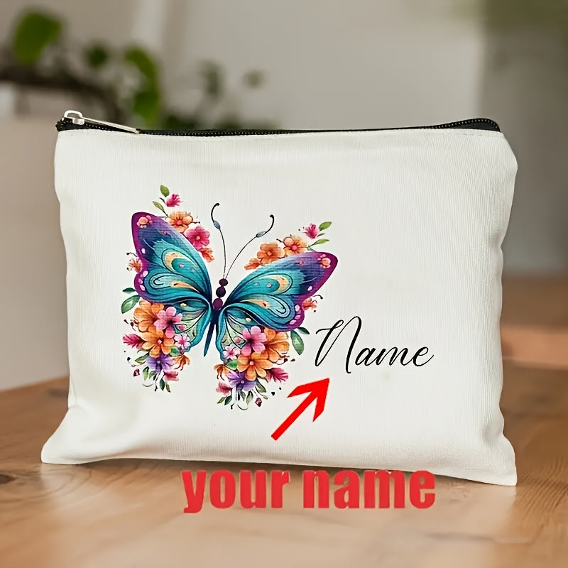 Personalized Women's Makeup Bag – Custom Cursive Name Cosmetic Pouch with Floral Butterfly Print, Creamy Beige Zippered Travel Organizer