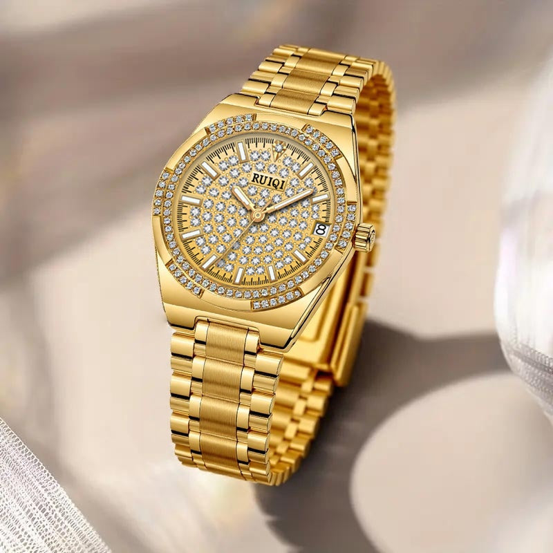 Automatic Mechanical Women's Watch — Rhinestone Dial, Calendar, Luminous Hands, Battery-Free, Stainless Steel Band