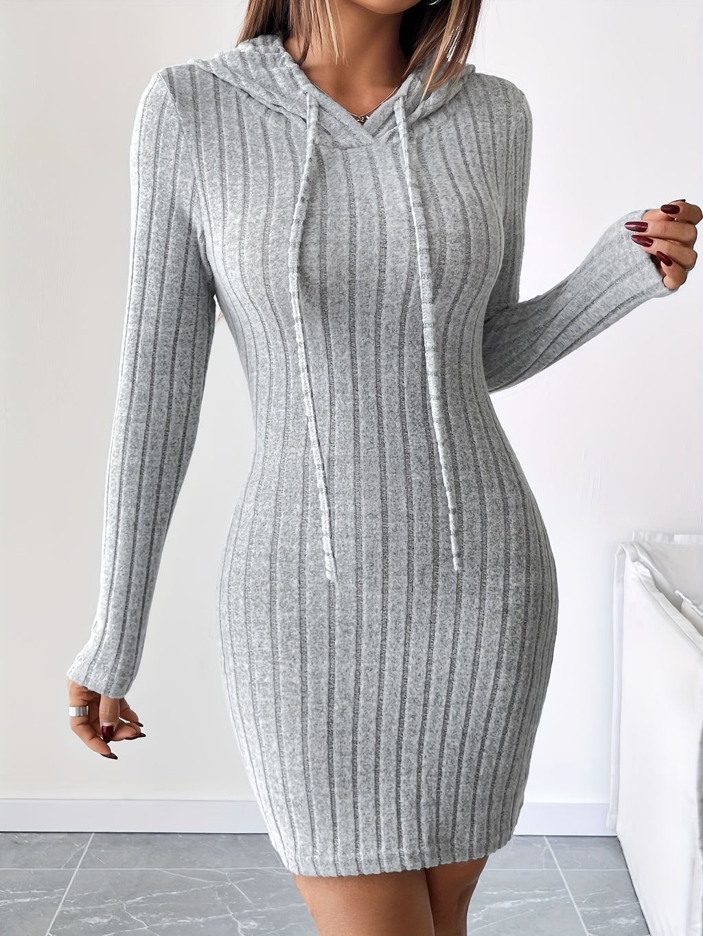 Ribbed Drawstring Hooded Bodycon Dress — Women's Rib-Knit Pencil Dress