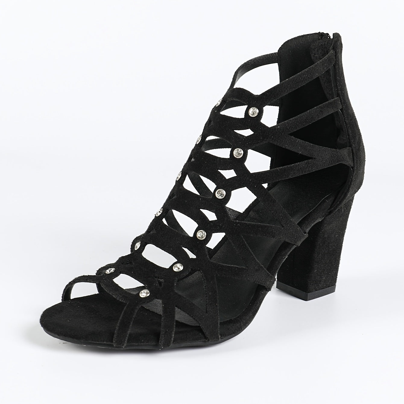 Women's Black Diamond Back Zip High Heel Strap Sandals – Round Toe Block Heel, Microfiber Upper & Insole, Rubber Sole