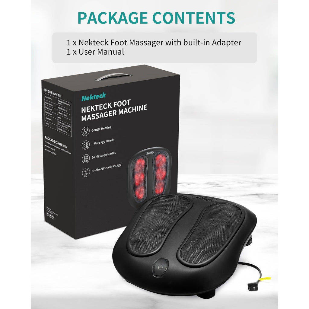 NEKTECK Shiatsu Heated Foot Massager – 6-Head Kneading Foot Massager with Heat, Carry Handle & Power Cord (Black)