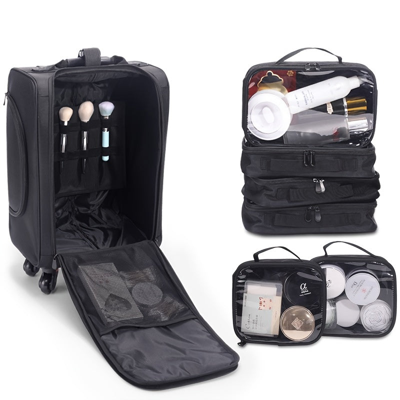 Large Rolling Makeup Train Case with 6 Portable Makeup Bags and Spacious Professional Travel Bag – Black