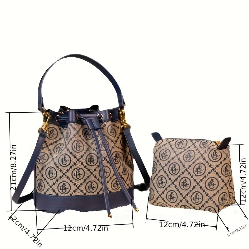 Golan Dai Women's Blue and Gold Embellished Bucket Bag - Drawstring Handbag with Gold-Tone Hardware for Work, Travel, Casual