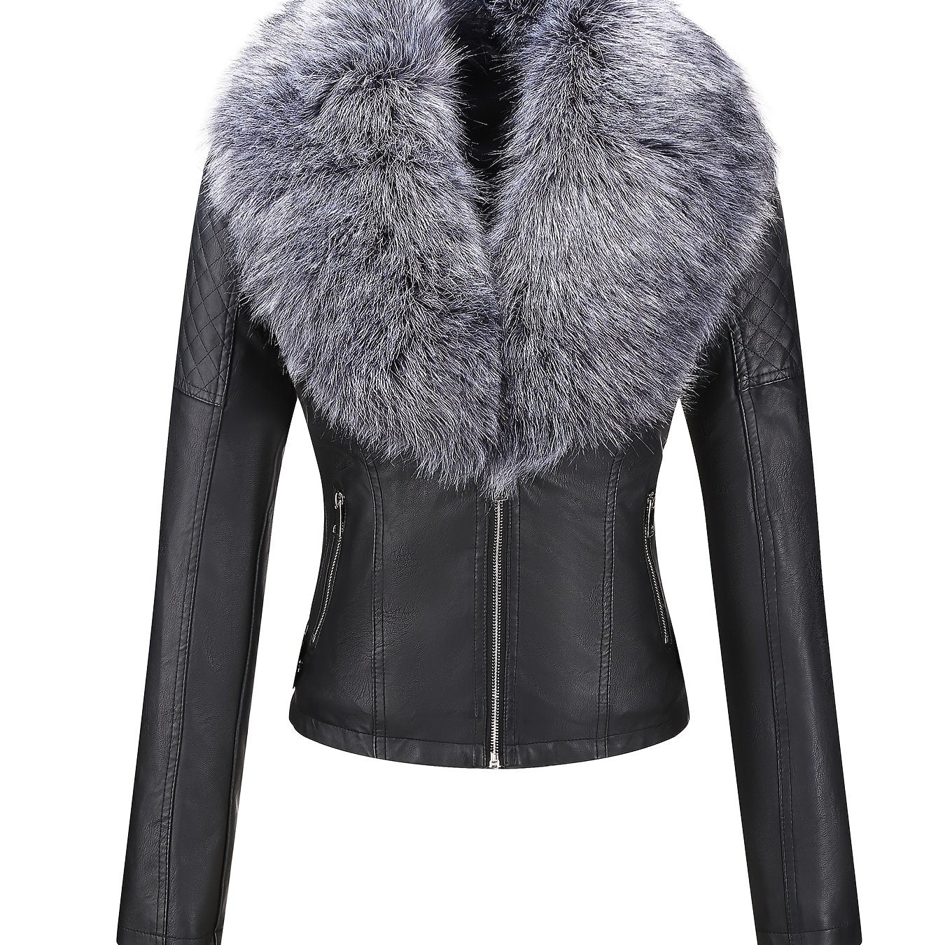Women's Retro Faux Leather Motorcycle Jacket with Detachable Large Fur Collar - Fall/Winter