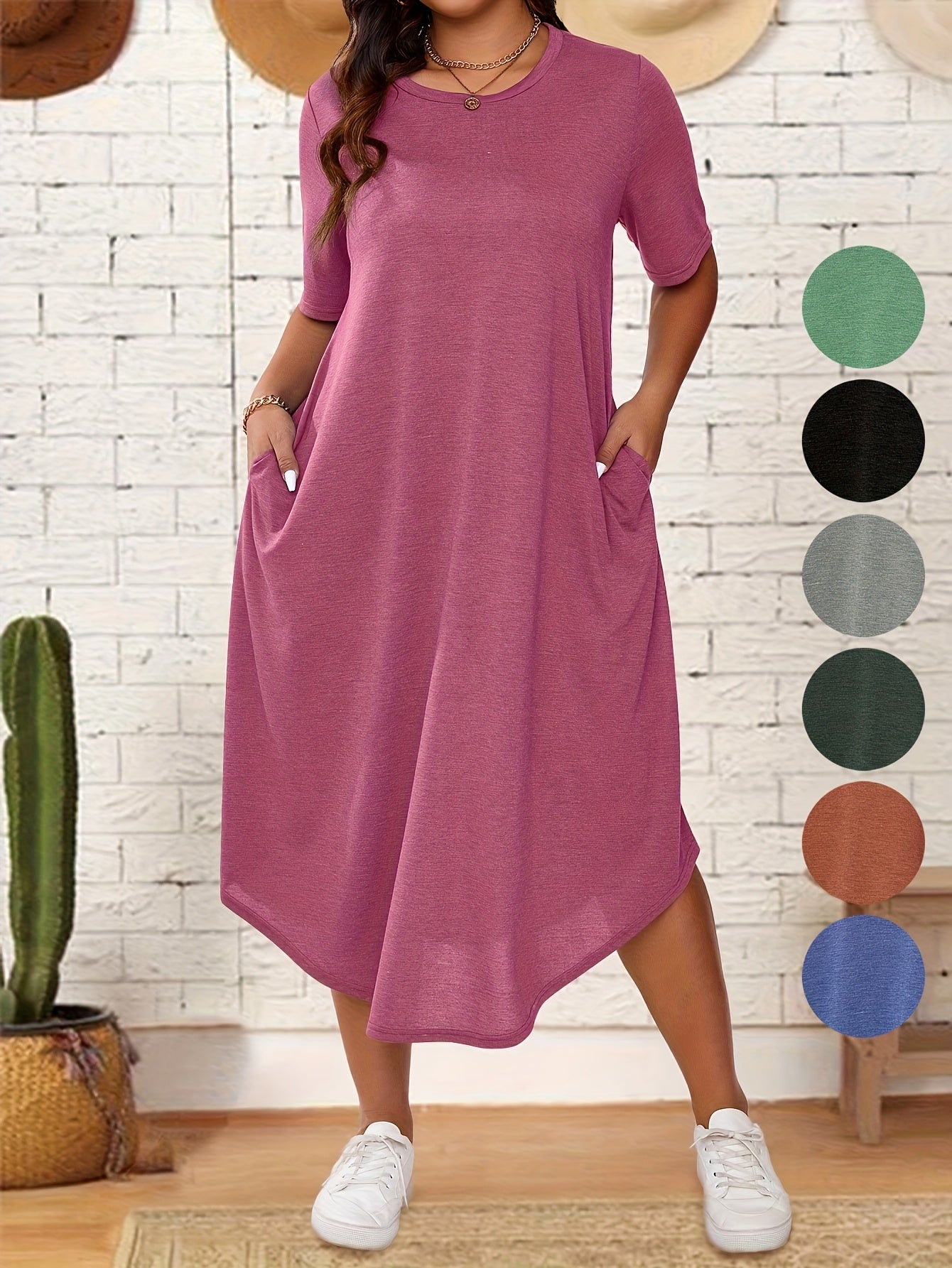 Plus Size Solid Crew Neck Tunic Dress - Casual Short Sleeve Summer Dress for Women