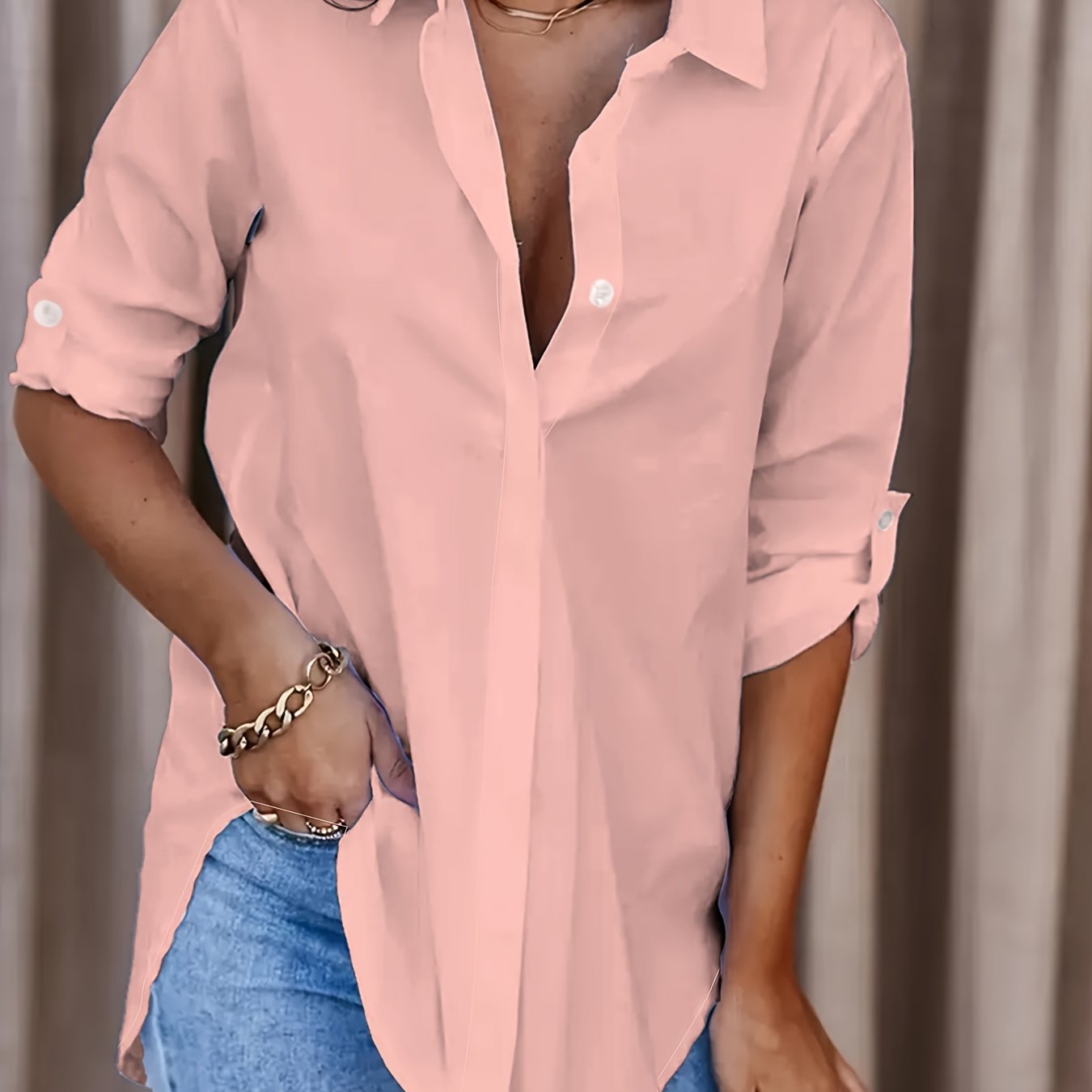 Women's Solid Button-Front Shirt - Casual Turn-Down Collar Office Blouse