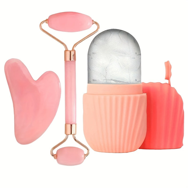 3-Piece Facial Ice Roller & Gua Sha Massage Set - Silicone Ice Grid Roller, Popsicle Ice Pack & Body/Back Scraping Board, Light Beige