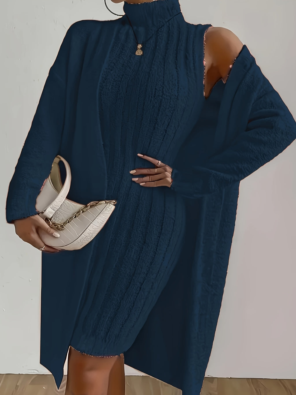 Plus Size Cozy Teddy Bear Sweater Dress & Strapless Cardigan Set - Red Ribbed Knit Two-Piece for Fall/Winter