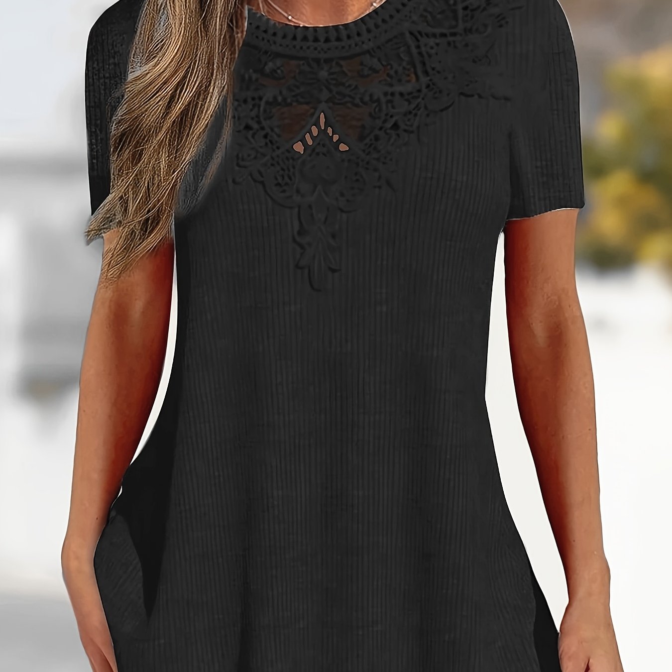 Women's Summer Lace-Trim Pullover Top - Light Gray Short Sleeve Casual Blouse, Medium Stretch, Machine Washable