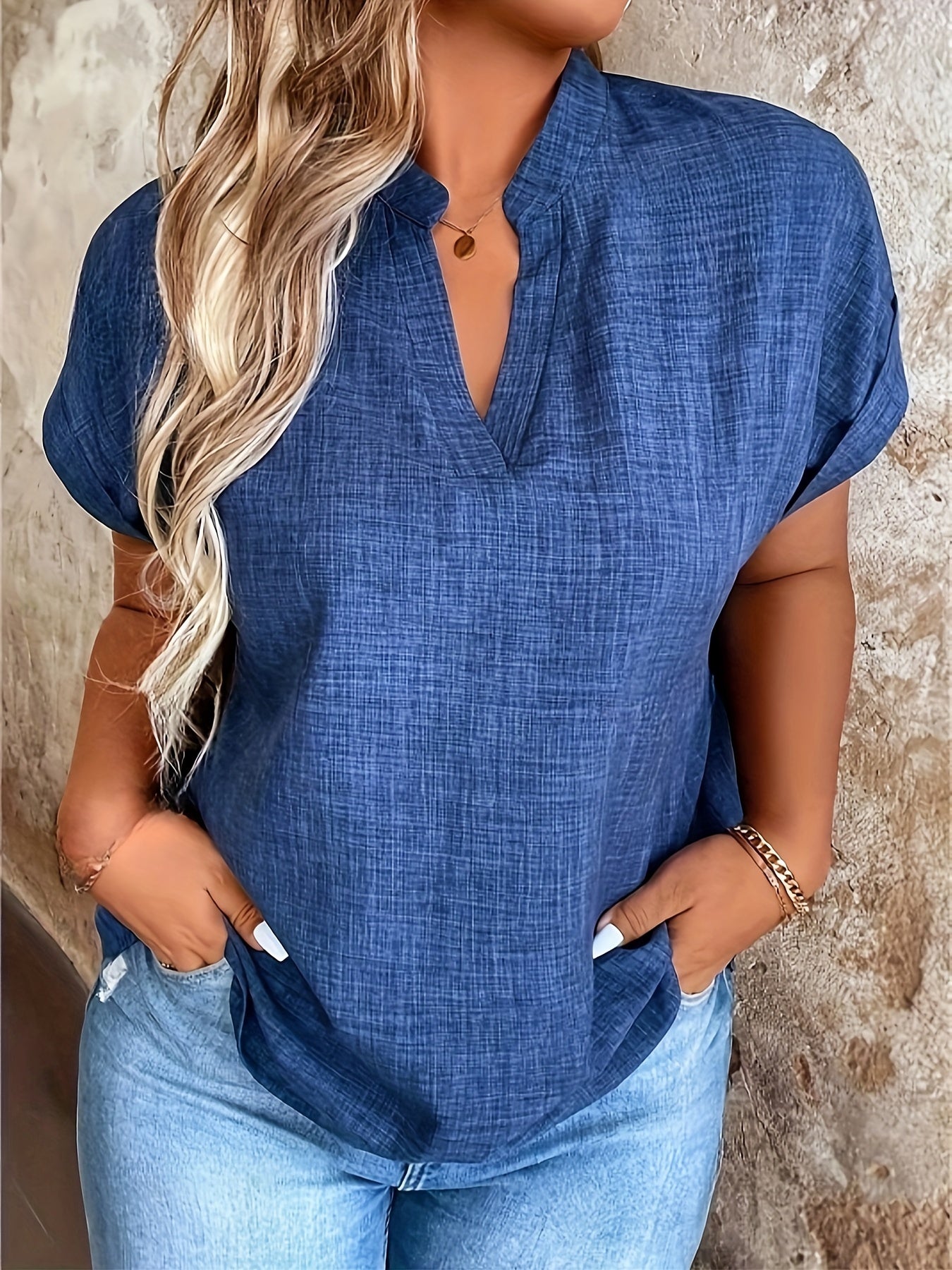 Women's V-Neck Blouse with Stand Collar – Lightweight Yellow Regular Fit Casual Top, 100% Polyester, Machine Washable