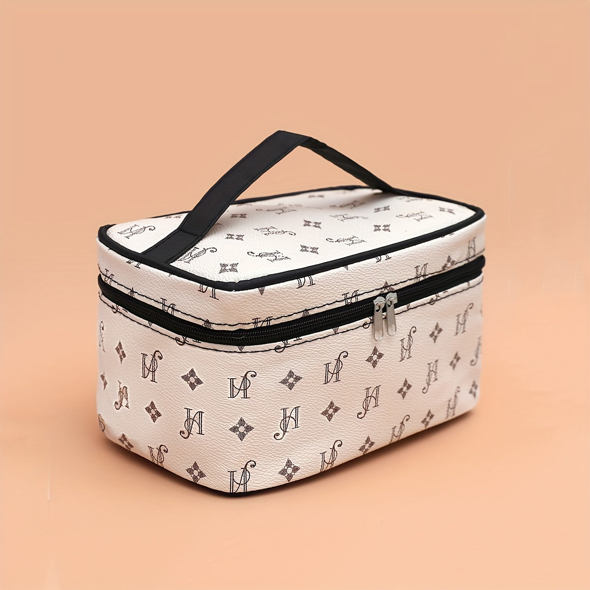 Minimalist Faux Leather Makeup Bag, Beige with Black Handles & Zipper, Compact Square Cosmetic Case and Portable Toiletry Organizer