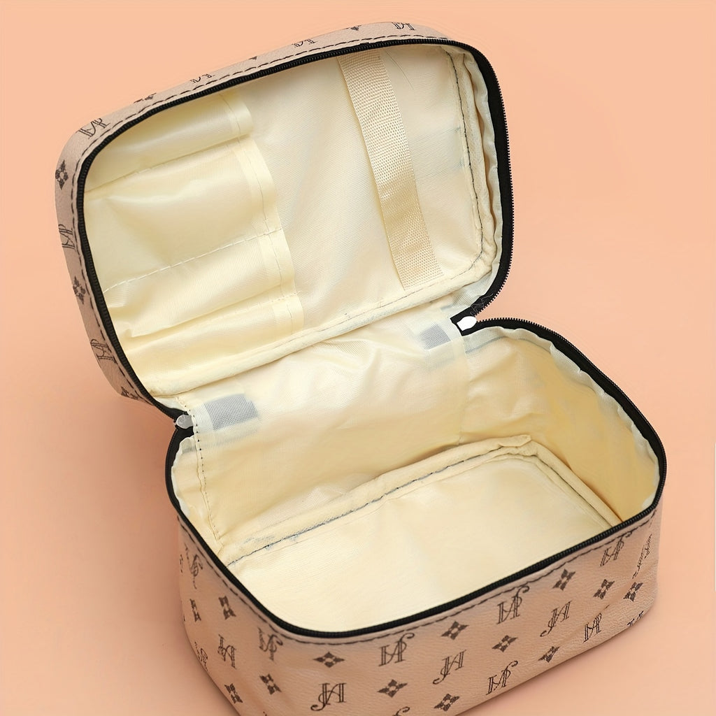 Minimalist Faux Leather Makeup Bag, Beige with Black Handles & Zipper, Compact Square Cosmetic Case and Portable Toiletry Organizer