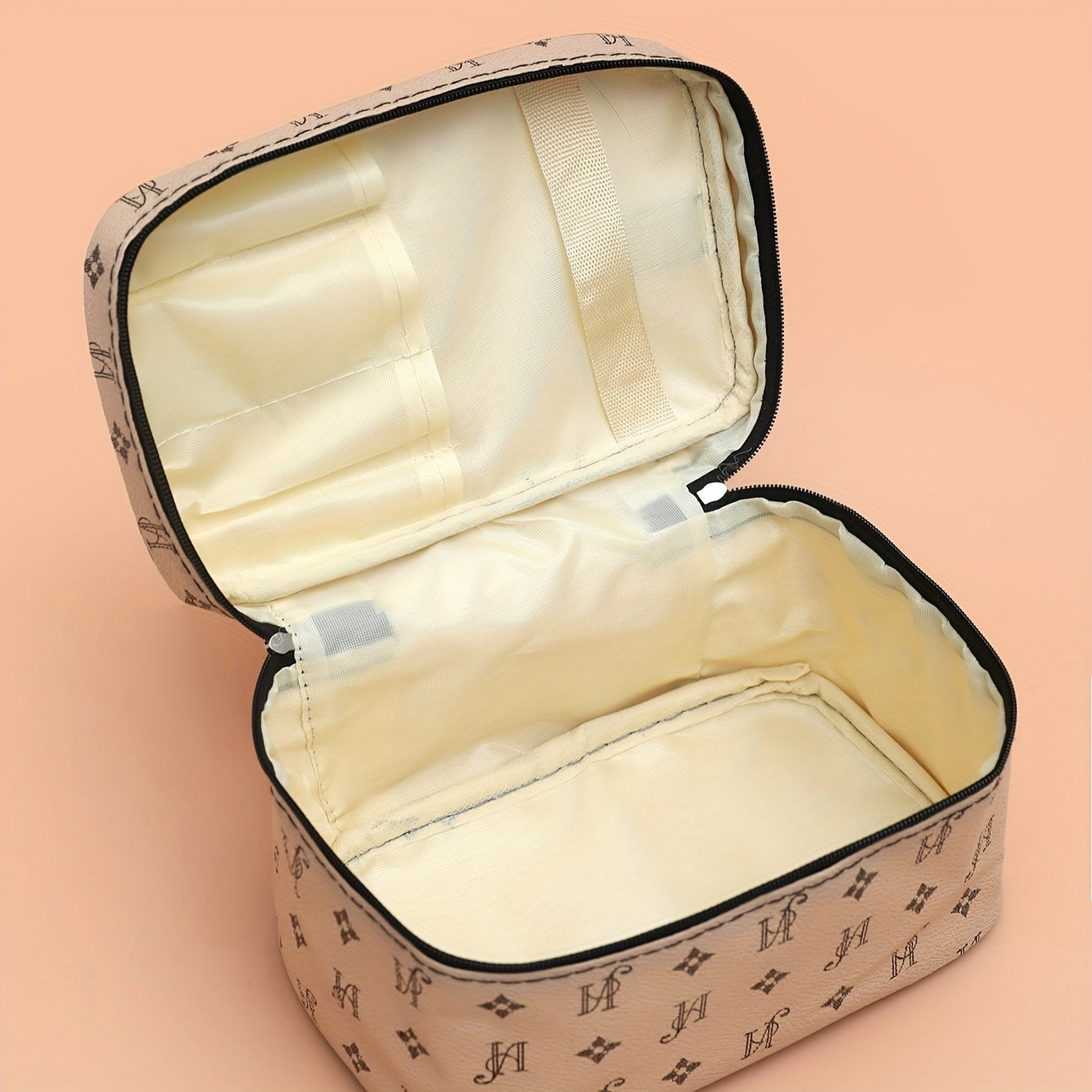 Minimalist Faux Leather Makeup Bag, Beige with Black Handles & Zipper, Compact Square Cosmetic Case and Portable Toiletry Organizer