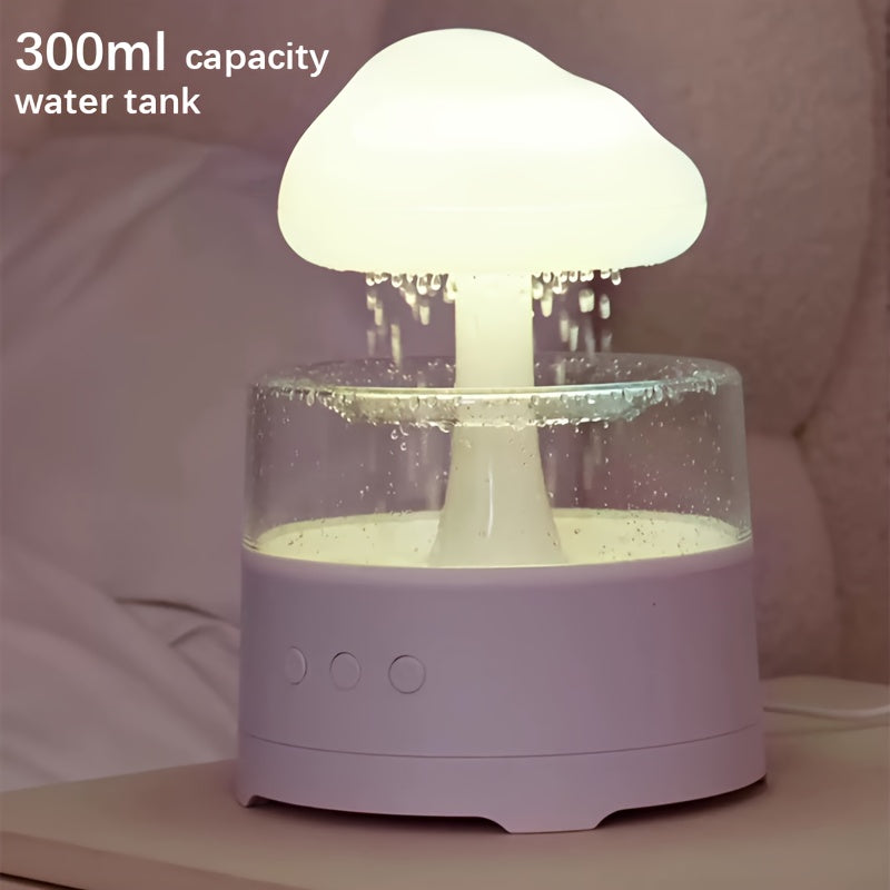 Rain Cloud Aroma Diffuser, 7-Color Mushroom Waterfall Humidifier with Night Light & Water Droplet Sound, USB Powered (White)