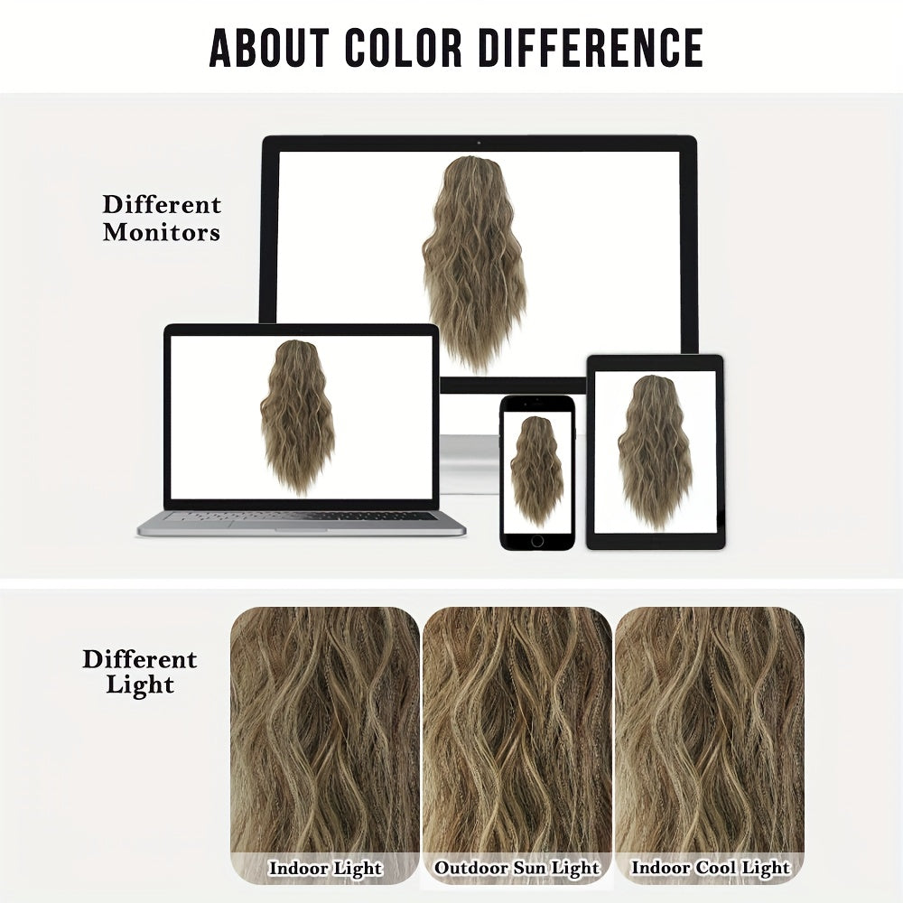 7JHH WIGS Water Wave Clip-In Ponytail Extensions – 18-inch (45 cm) Light Beige & Brown with Blonde Highlights, Natural Brown Roots, Heat-Resistant Synthetic for Volume & Length