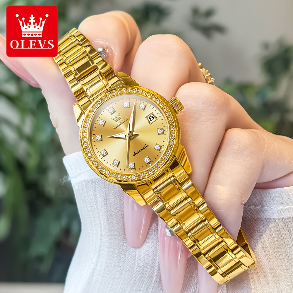 OLEVS Women's Automatic Mechanical Watch – Stainless Steel Bracelet, Luminous Dial & Date Window, Polished Formal Timepiece