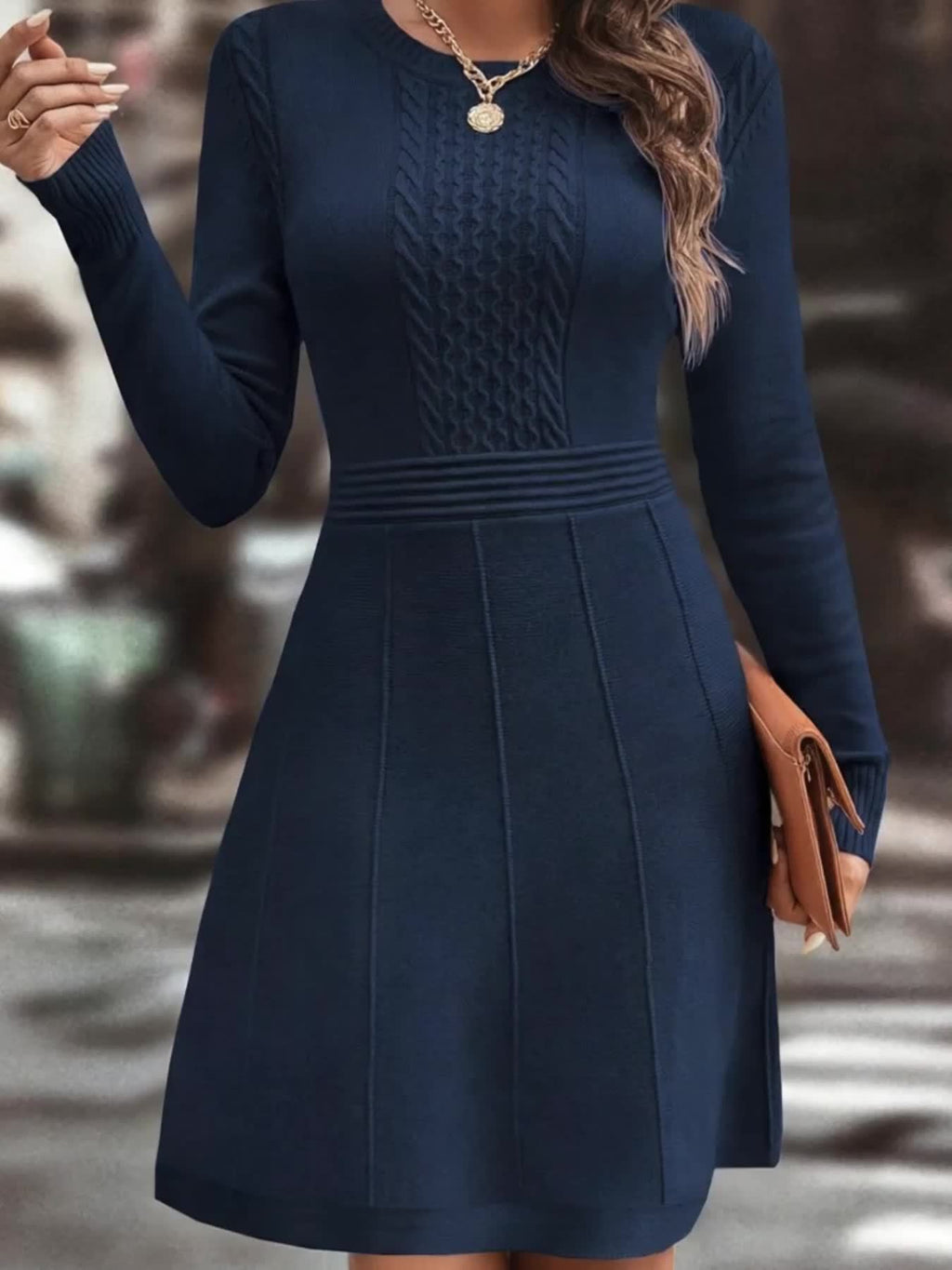 Women's Autumn/Winter Knit A-Line Dress Slim Round Neck Casual Elegant for Date & Daily Wear