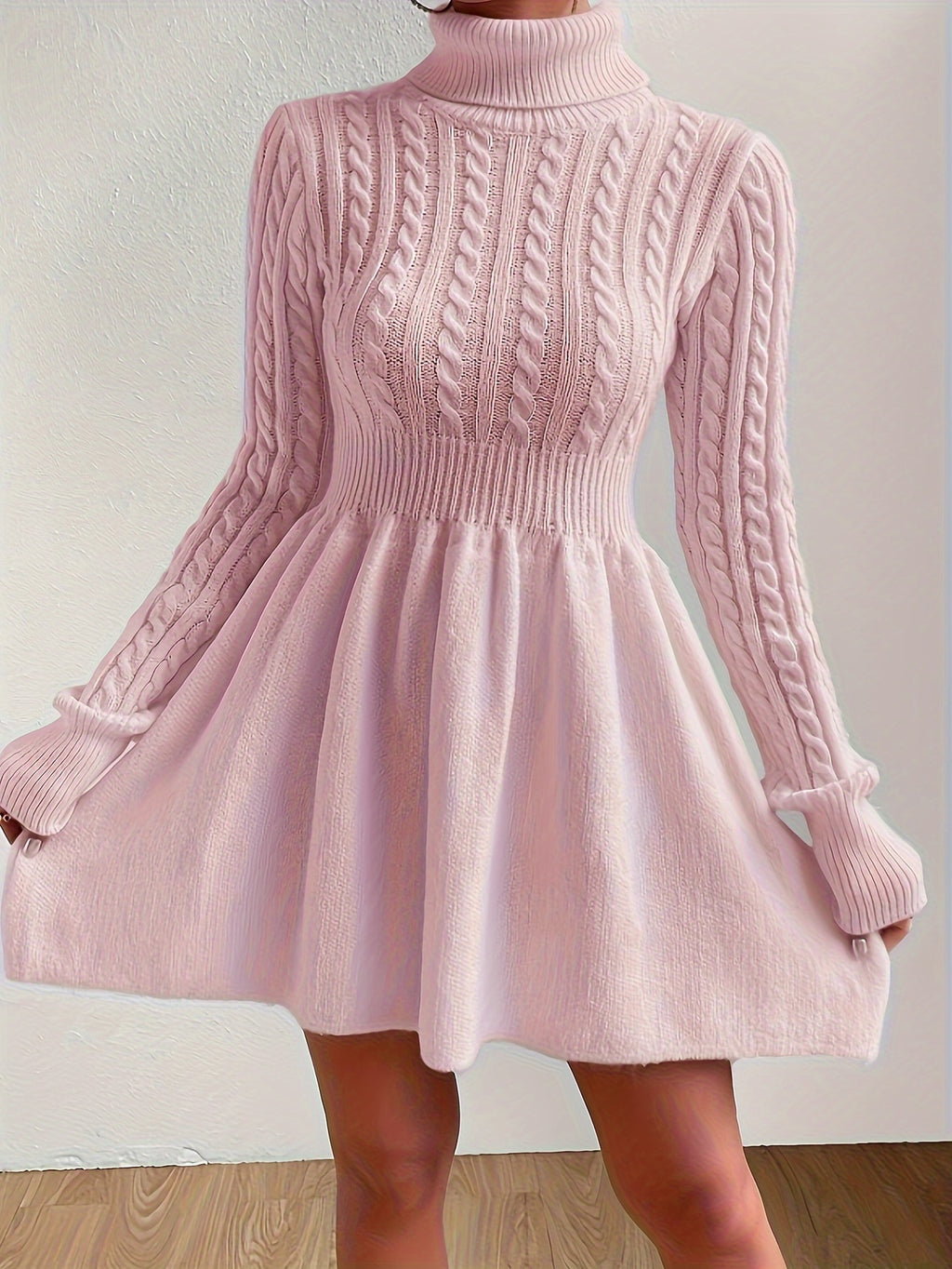 Cable Knit Turtleneck Sweater Dress - Slim-Fit A-Line Long Sleeve in Soft Pink