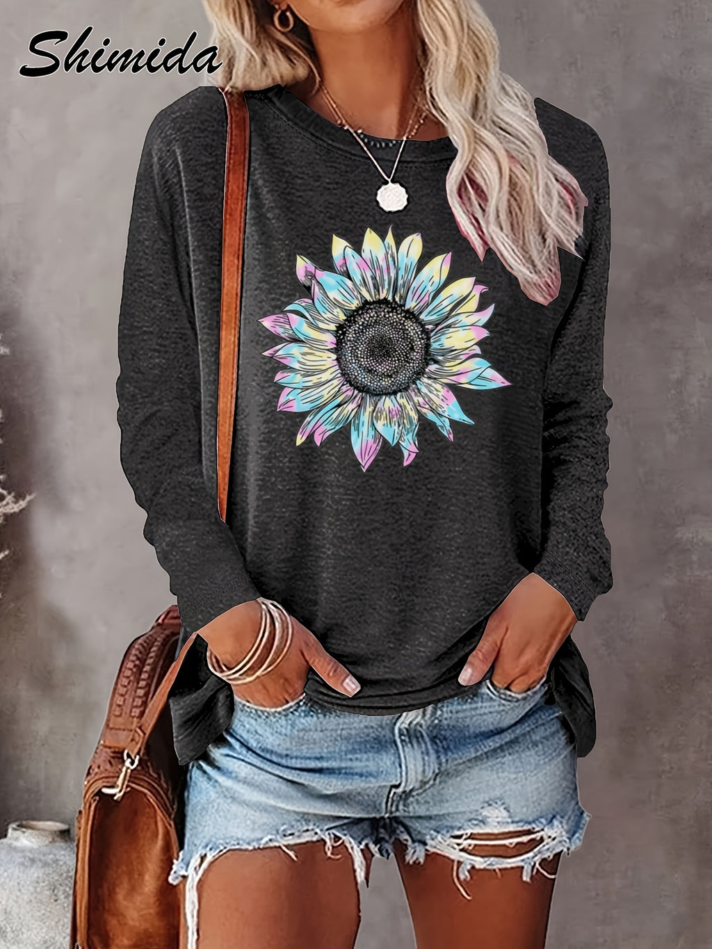 SHIMIDA Women's Sunflower Print Long Sleeve Tunic Top – Boho Chic Round Neck Blouse, Soft Pink & Brown, All-Season Casual to Semi-Formal, Machine Washable