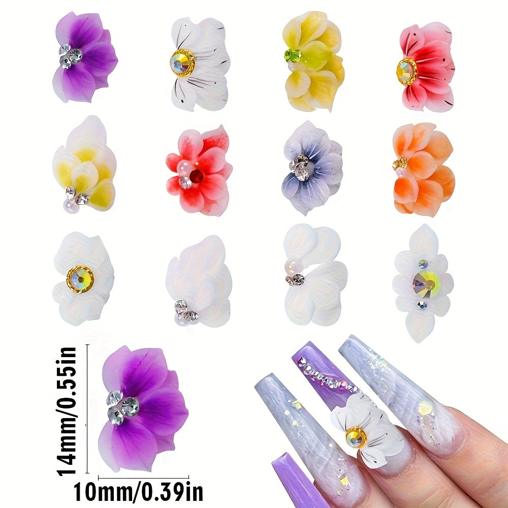 10-Pack 3D Acrylic Carved Flower Nail Art Charms Rhinestone Sculpted Cherry Blossom Nail Decorations