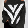 Plus Size Off-Shoulder High-Neck Cable Knit Sweater, Grey & White Striped Pullover, Machine Washable
