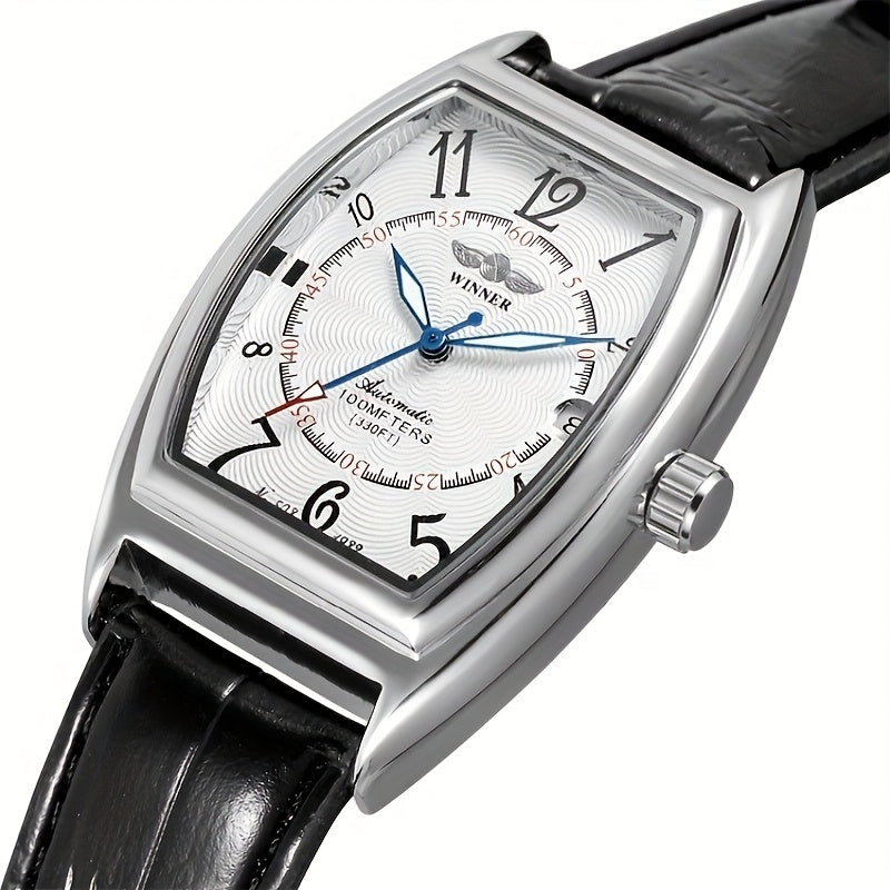 Women's Automatic Mechanical Watch Tonneau Case Faux Leather Strap Blue Hands Date Calendar Vintage Gift