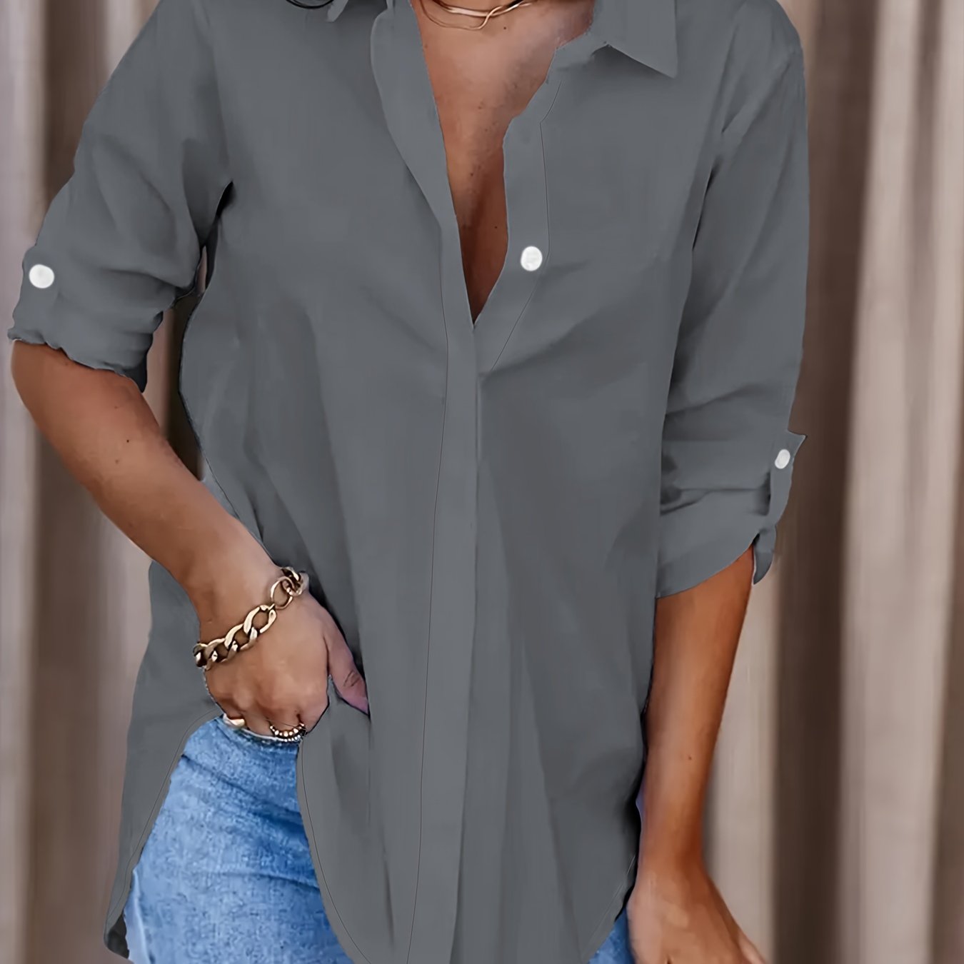 Women's Solid Button-Front Shirt - Casual Turn-Down Collar Office Blouse