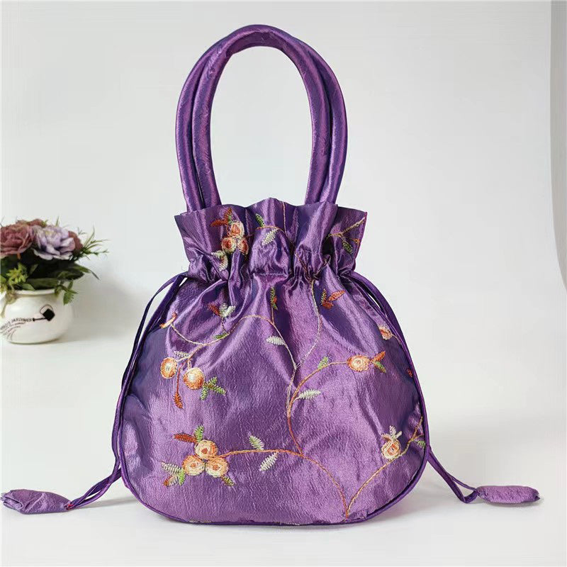 Elegant Floral Embroidered Drawstring Clutch – Cute Bucket Purse with Polyester Lining for Coins & Phone (Multiple Colors)