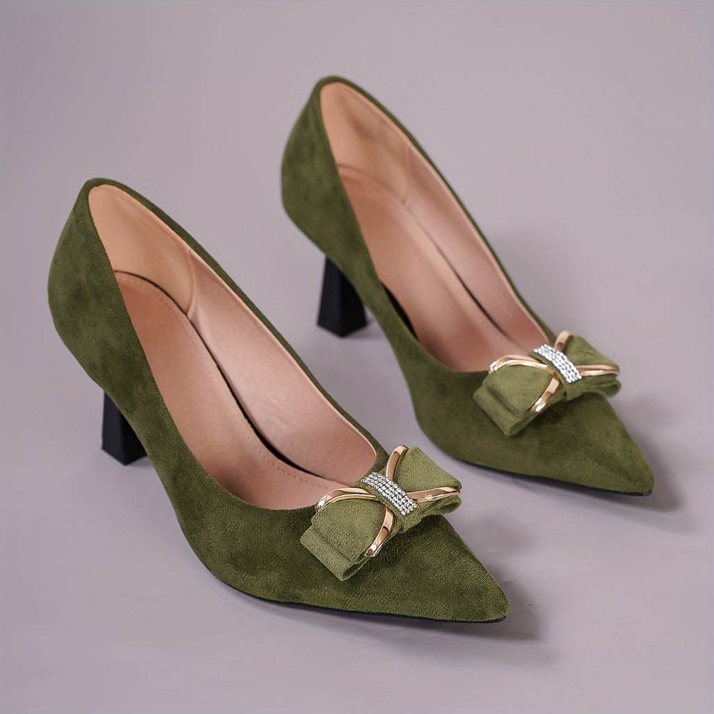 Women's Green Pointed-Toe D'Orsay High Heels with Bow - 2.95 in (7.5 cm) Flared Heel, PU Lining & Rubber Sole, Party & Evening Shoes