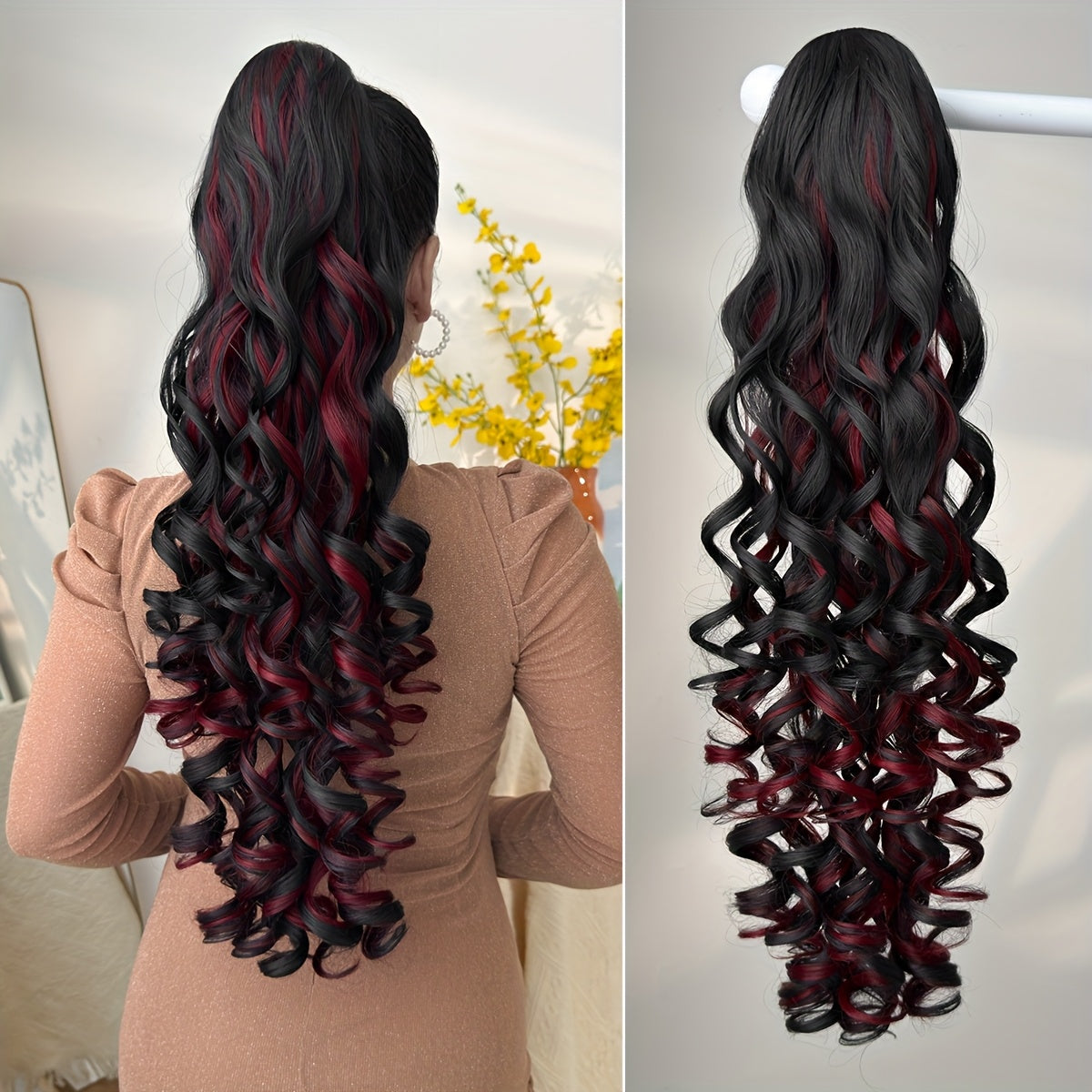 28-inch (71 cm) Deep Wave Drawstring Clip-On Ponytail Hair Extension, Heat-Resistant Synthetic, Multi-Color