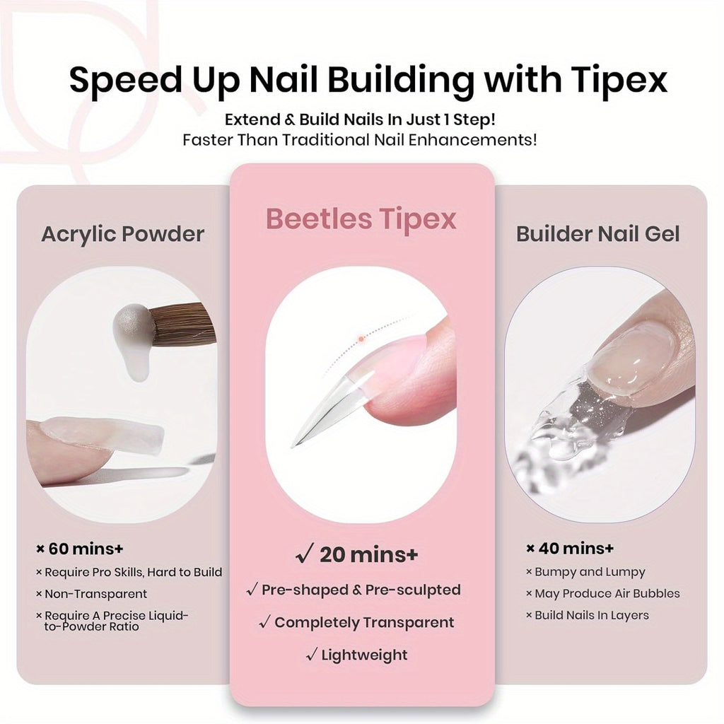 192pcs Beetles Tipex Instant Apex Pre-Built Gel Nail Tips 16 Sizes Clear Almond Matte Full-Cover Durable Easy-Apply