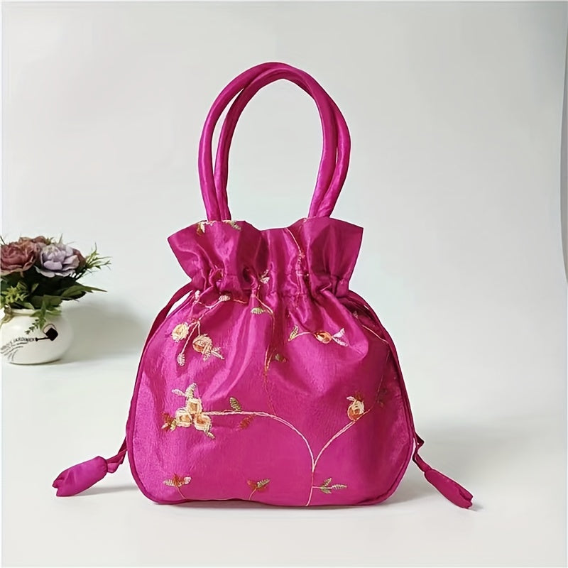 Elegant Floral Embroidered Drawstring Clutch – Cute Bucket Purse with Polyester Lining for Coins & Phone (Multiple Colors)