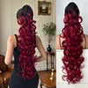 32 in (81 cm) Deep Wave Claw Ponytail Extension - Heat-Resistant Synthetic Clip-In, Burgundy/Brown/Black/Red Gradient