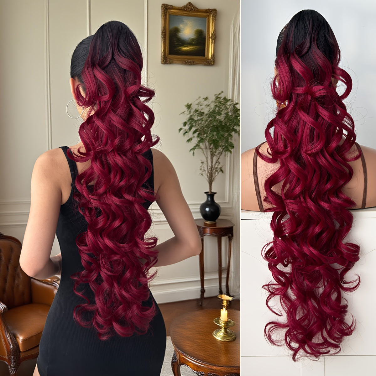 32 in (81 cm) Deep Wave Claw Ponytail Extension - Heat-Resistant Synthetic Clip-In, Burgundy/Brown/Black/Red Gradient