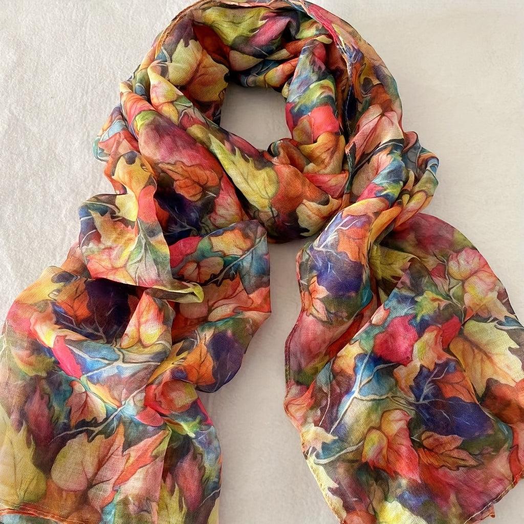 Autumn Maple Leaf Scarf for Women – Lightweight Bali Yarn Shawl, Multicolor Fall Print