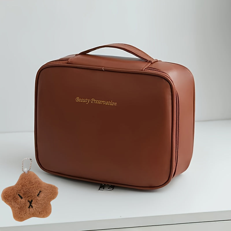 2-Piece Travel Makeup Bag Set - Large Capacity Multi-Layer Faux Leather Cosmetic Organizer with Detachable Brush Holder (White, Black, Pink, Dark Brown)