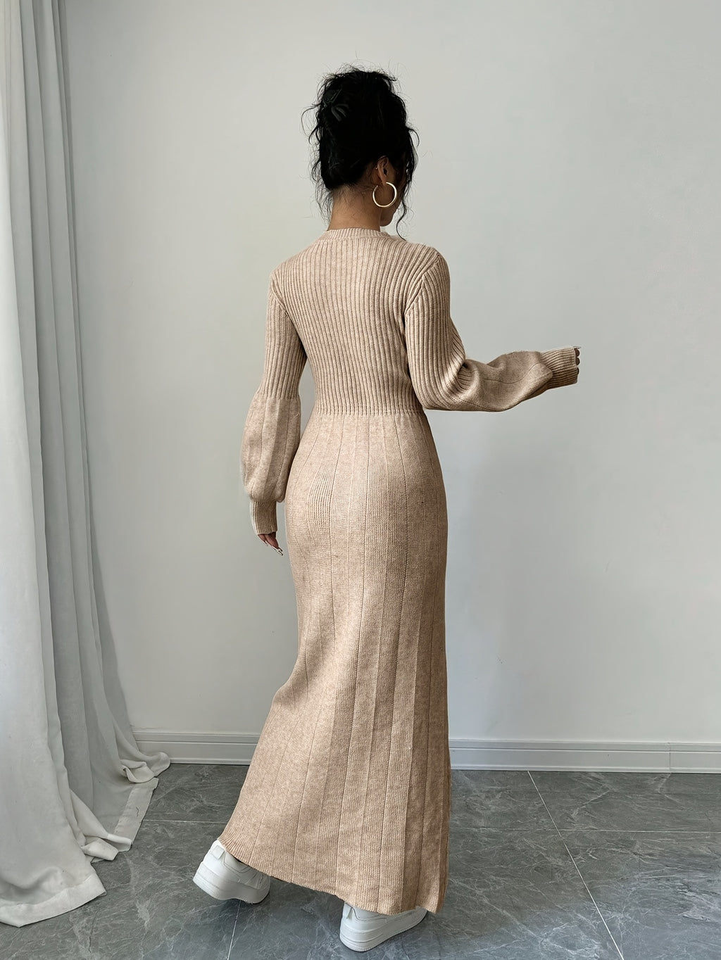 Beige Knit Sweater Dress with Lantern Sleeves, Long High-Neck Ribbed Fall Winter Dress for Women