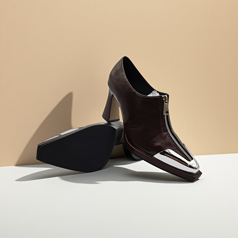 Women's Black Pointed Toe Chunky Block Heel Pumps with Metallic Toe Accent – Comfortable Rubber Sole Dress Shoes