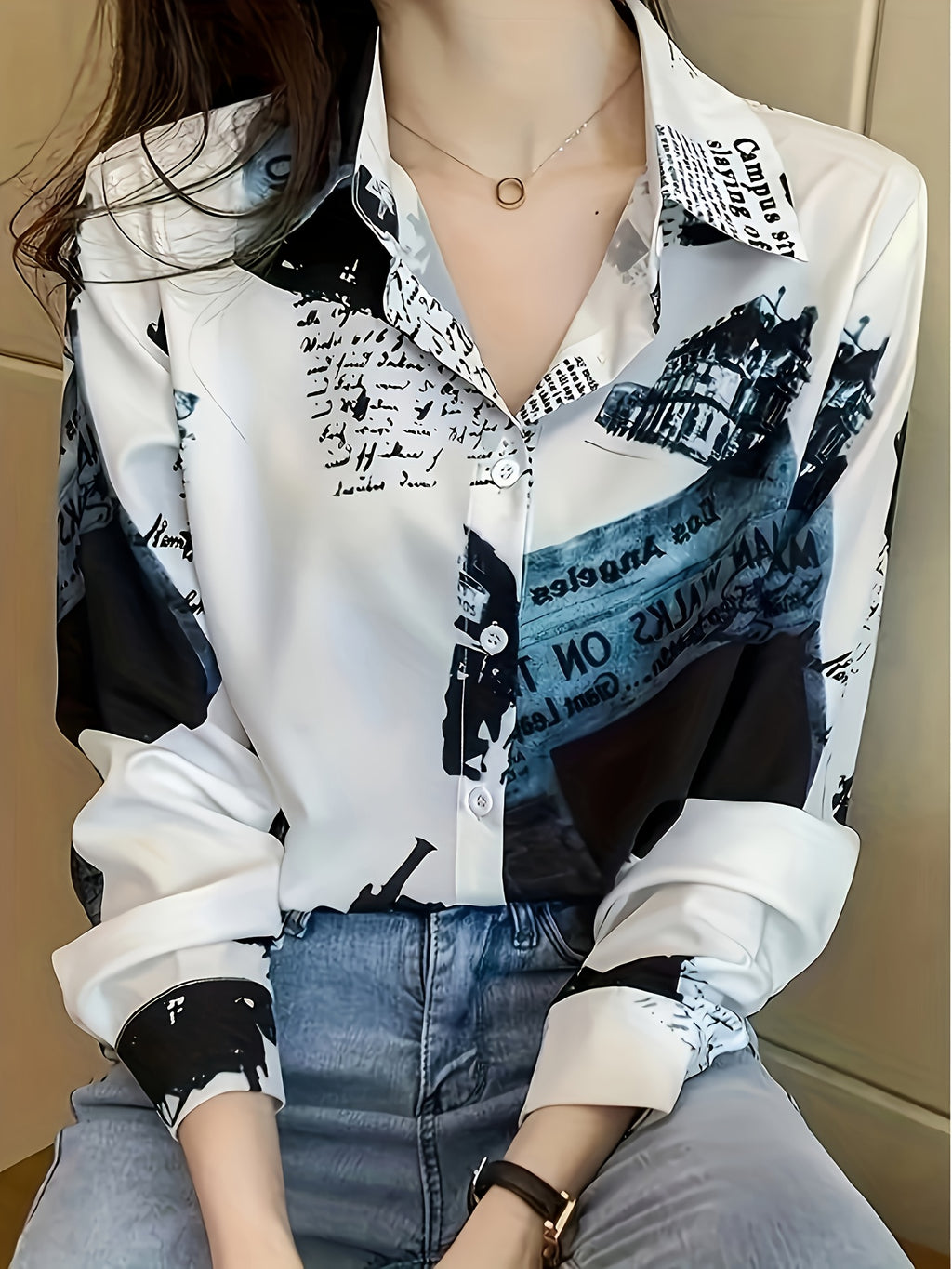 Women's Letter Print Button-Up Blouse - Long Sleeve Collared Polyester Shirt, Machine Washable