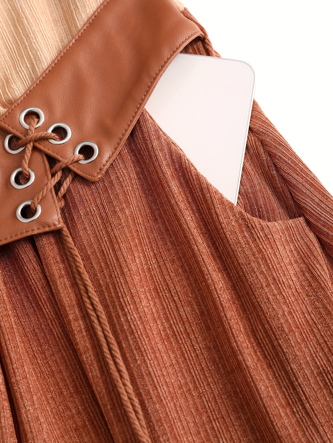 Plus Size V-Neck Ribbed Knit Dress — Color Block Patchwork, Tassel Hem & Belted Waist, Stretch Polyester for Spring/Fall