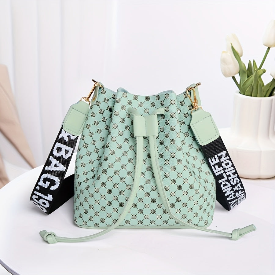 Women's PU Bucket Bag - Large Capacity Drawstring Crossbody & Shoulder Bag with Geometric Print
