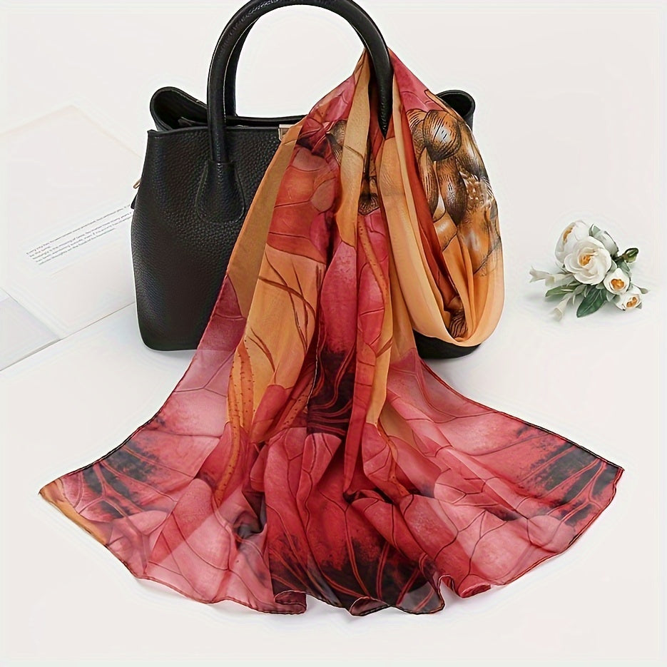Large Lotus Print Chiffon Scarf, Lightweight Floral Shawl for Women, Breathable Beach Wrap & Travel Headscarf
