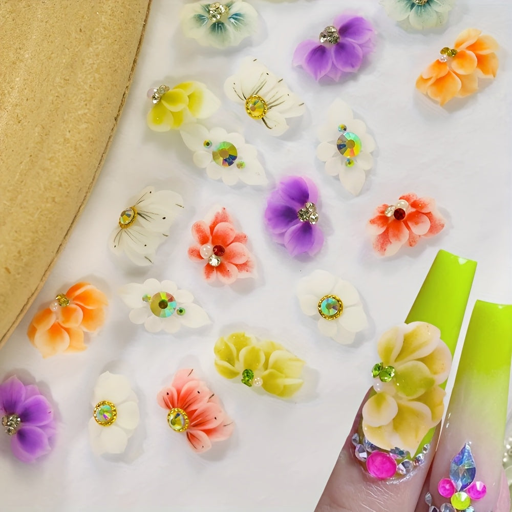 10-Pack 3D Acrylic Carved Flower Nail Art Charms Rhinestone Sculpted Cherry Blossom Nail Decorations