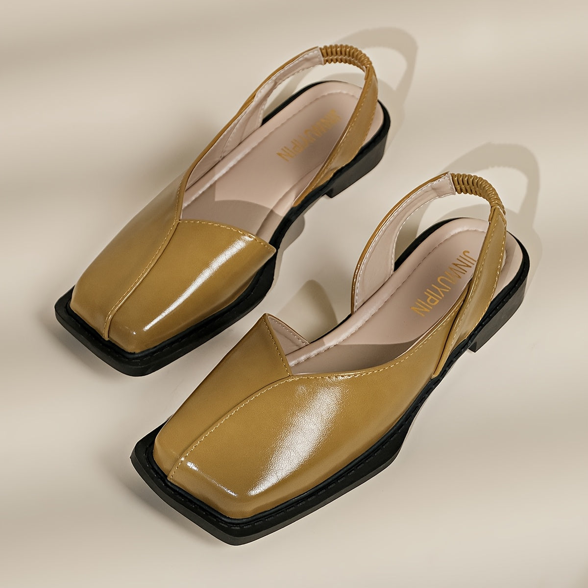 Women's Square Toe Block Heel Pumps – Beige & Gold Faux Leather, Low Thick Heel, Rubber Sole, All-Season Casual Heels