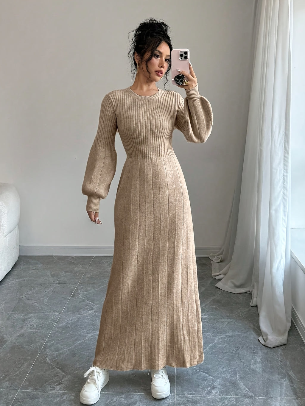 Beige Knit Sweater Dress with Lantern Sleeves, Long High-Neck Ribbed Fall Winter Dress for Women
