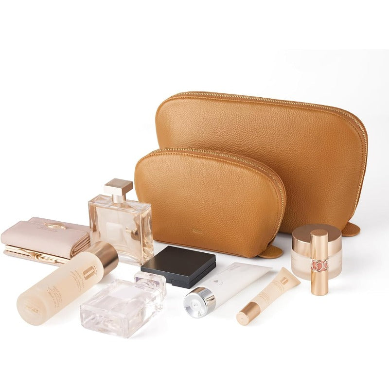 2-Pack Kattee Women's Leather-Look Makeup & Toiletry Organizer Set — Travel Cosmetic Bags with Top & Bottom Access, Multi-Compartment Pouches, Gold Zippers